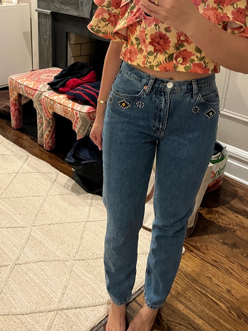 Re/Done Women's 70s Straight Jeans in Jewel Studded Indigo - Picture 3 of 5